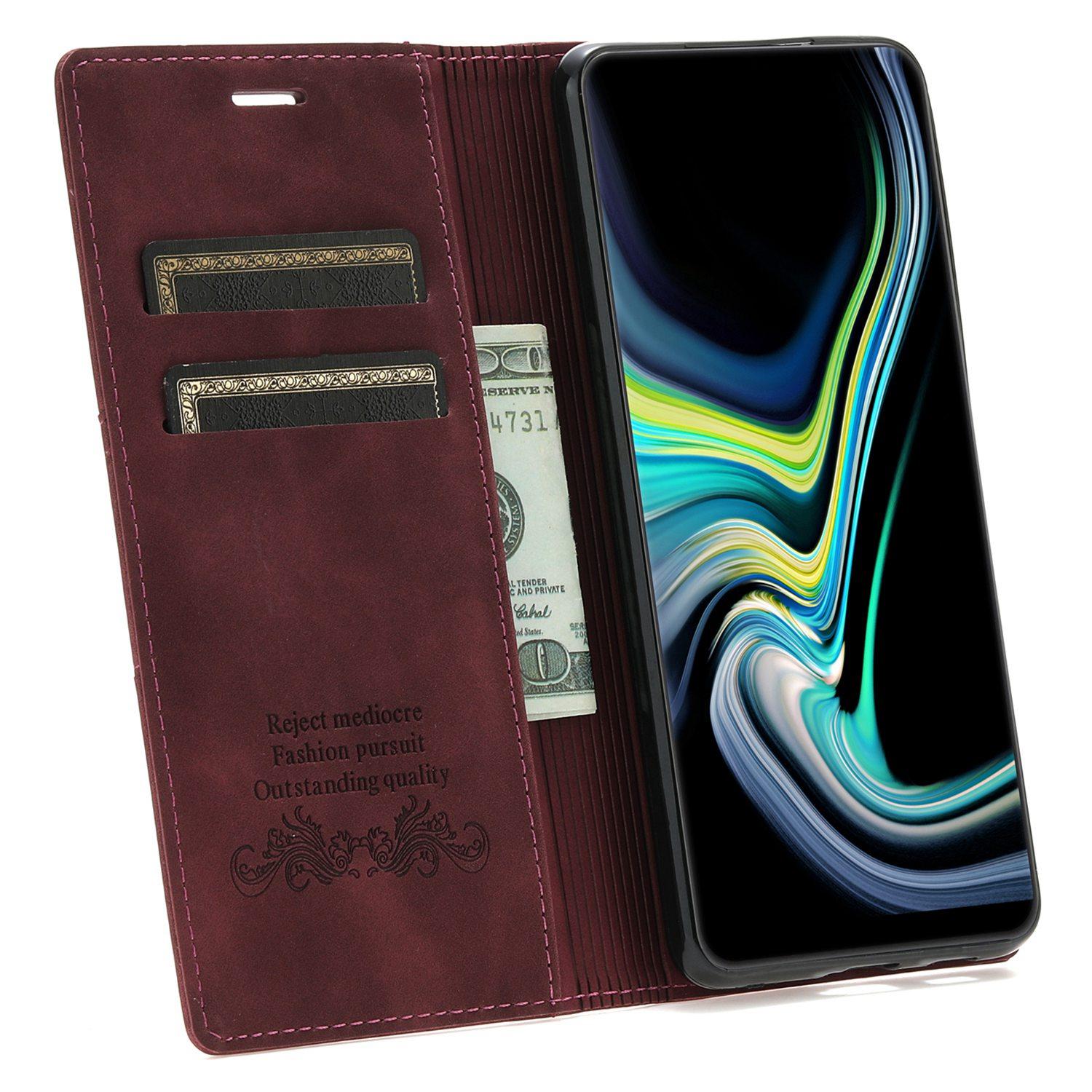 

For Samsung Galaxy S23 Magnetic Auto-absorbed PU Leather Stand Case Phone Full Protection Cover with Wallet Wine Red