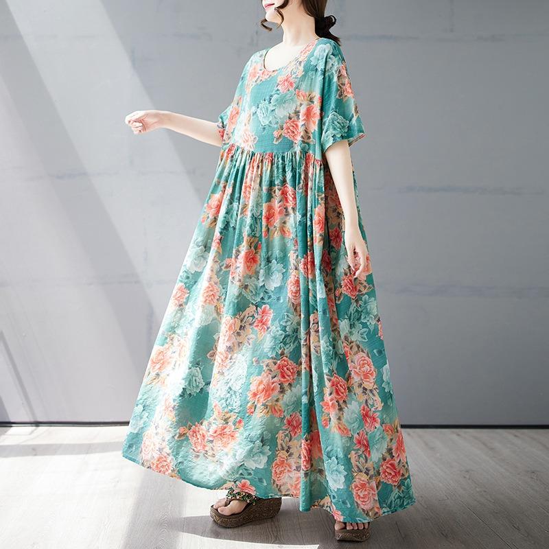 Summer new simple bohemian long dress fattened and enlarged short-sleeved crew neck printed dress women's clothing