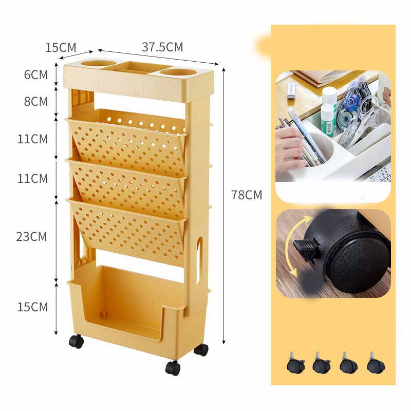 Removable Storage Shelf Desk Side Bookshelf Bookcase Shelves with Wheels Storage Rack Hanging Desk Side Kitchen Food Trolley