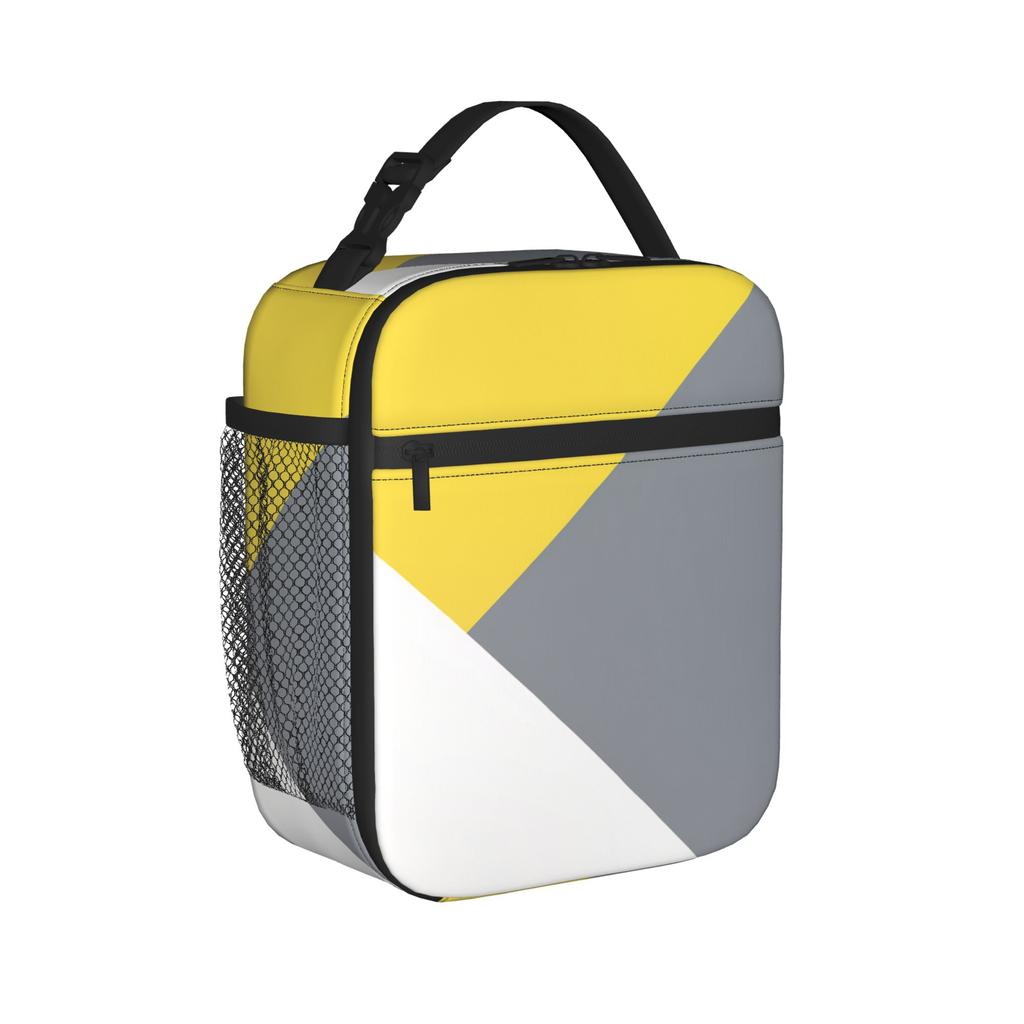 Yellow Grey Geometric Lunch Bag Outdoor Picnic Lunch Box For Unisex Vintage Print Tote Food Bags Oxford Portable Cooler Bag