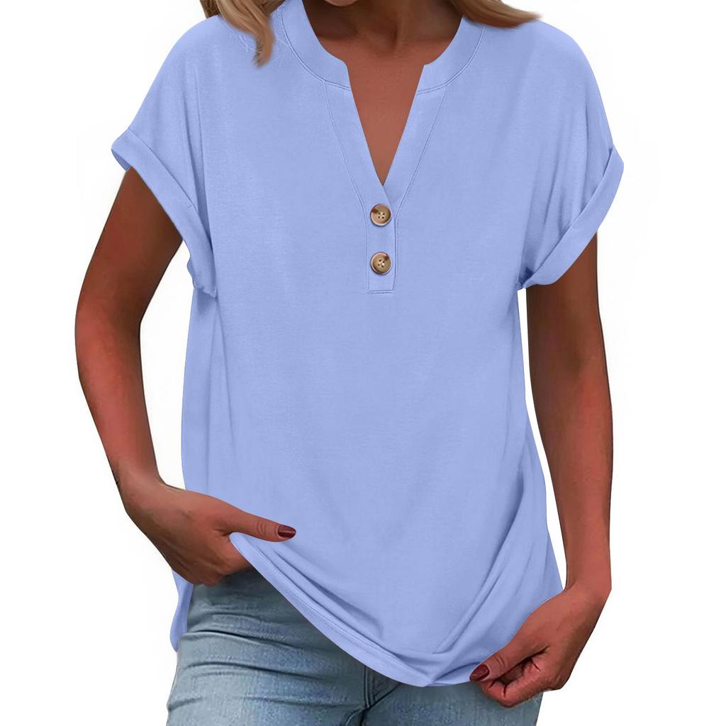 Women's Fashionable Casual Loose-Fit Short-Sleeved Button-Up V-Neck -Colour T-Shirt Top