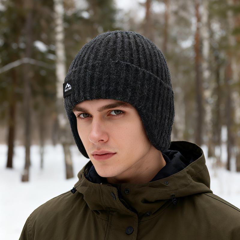 Men's Velvet Hat Warm Ear Protection Thick Wool Knitted Hat Outdoor Cold-Proof Pullover Hat