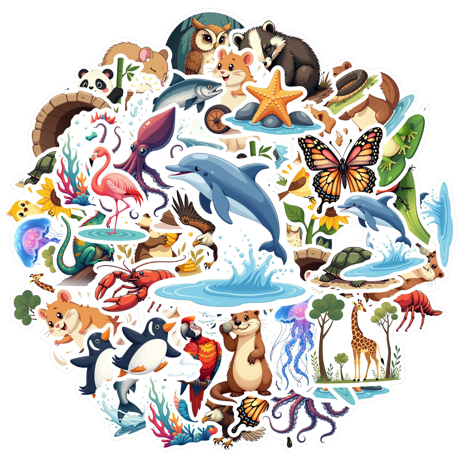 

35-70pcs Animal World Stickers From Sea To Land Adorable Stickers Diy Travel Luggage Fridge Laptop Graffiti Sticker