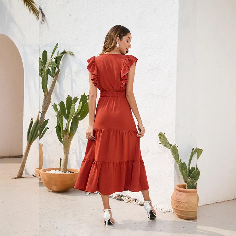 Women's V-Neck High Waist Tiered Ruffle Maxi Dress Casual Smocked Beach Vacation Long Dress