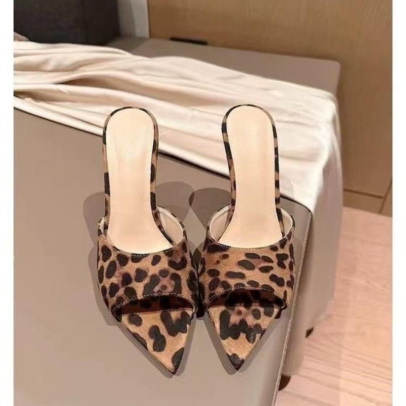 Fashion Women's Slippers Summer New High Heels Pointed Head Shallow Mouth Leopard Print Sandals Fashion Temperament Fine Heels Slippers