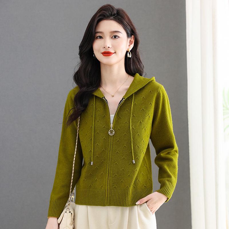 Damen-Strickjacke mit Kapuze und Reißverschluss für Frühling und Herbst