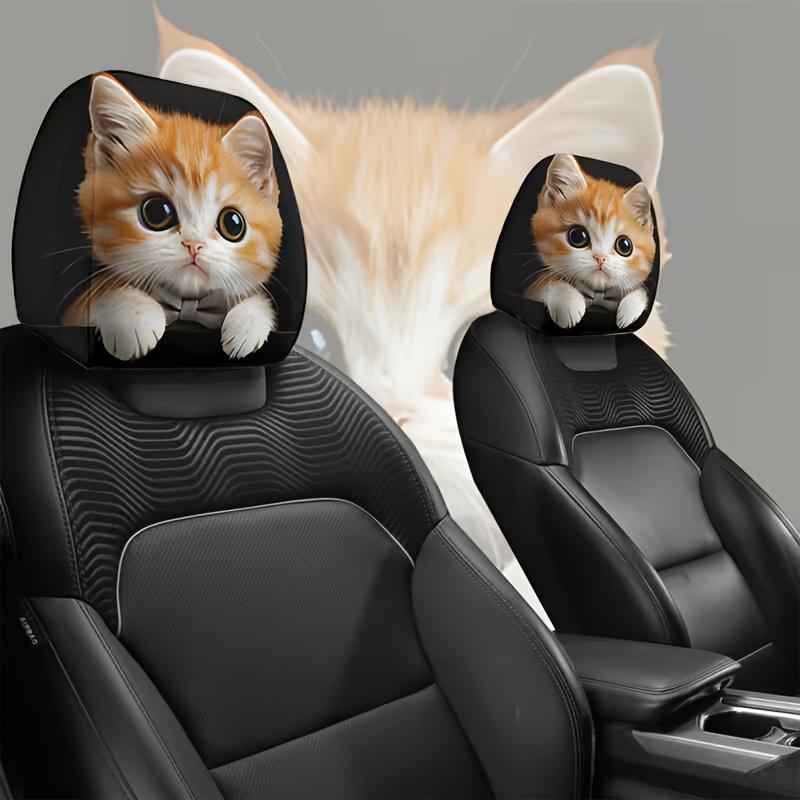 Fofas Capas para Encosto de Cabeça de Carro com Estampa de Gato Laranja de Olhos Grandes, Design Elástico, Encaixe Universal para Interior de Carro, Ideal para Casais, Amigos, Ciclismo, Viagens de Carro