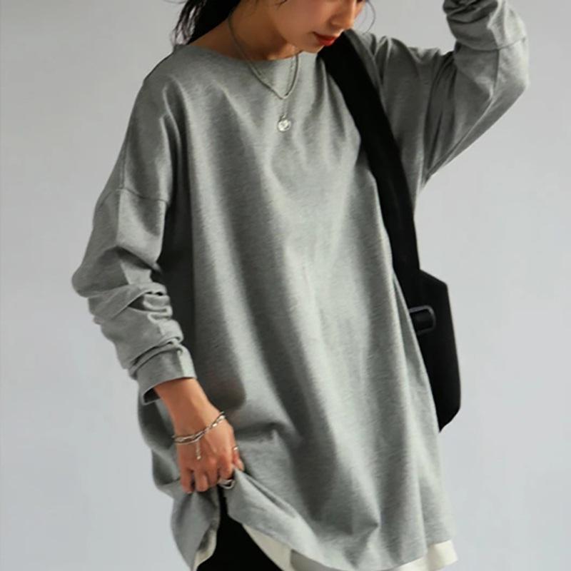 Autumn Minimalist Mid Length Long Sleeved T-shirt for Women Loose Casual Round Neck Pullover Solid Color Base Shirt T-Shirts Women’s
