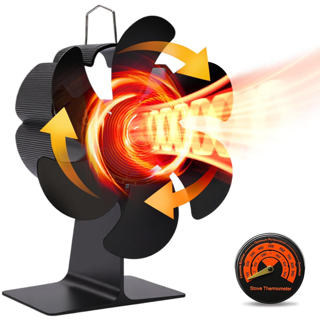 Stove Fan, Kerosene Stove Fan, 6 Blades [Heat-Driven, No Power Required], Eco-Fan for Wood Stoves, 16cm Large Diameter Blades, 77cm² Large Contact Are