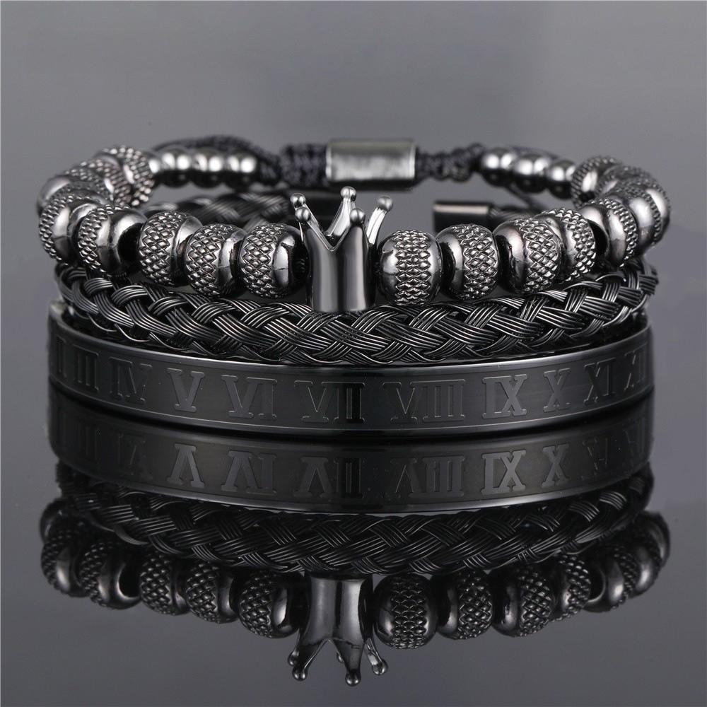 Vintage Crown Stainless Steel Bracelet Set With Letter And Number Charms For Men And Women