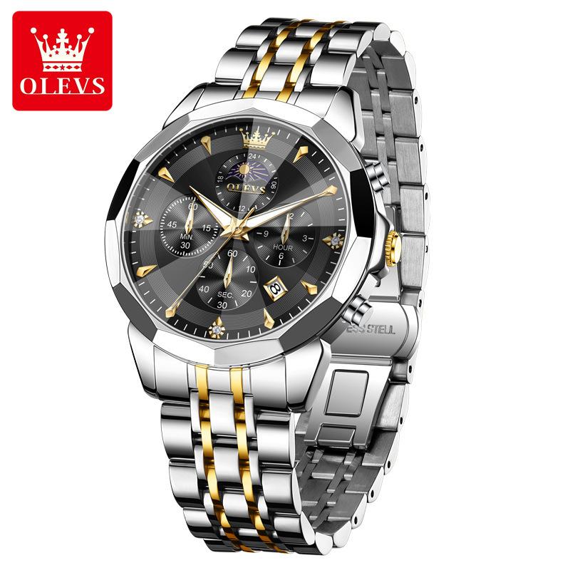 OLEVS Mens Watch Original Business Brand Quartz Watch Rhombus Mirror Waterproof Luminous Automatic Date Moon Phase Watch