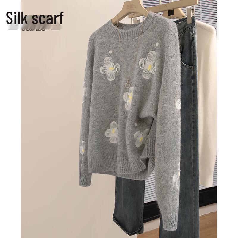 

Sibeishe Women s Autumn Floral Embroidered Knit Pullover One Size