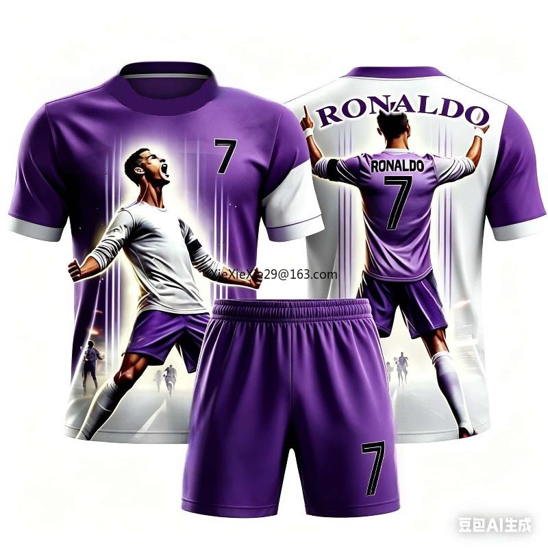 Summer Children's Adult Set Parent Child 3D Short Sleeved Shorts Football Shirt AI #7 Ronaldo Printed Boys' and Girls Sportswear