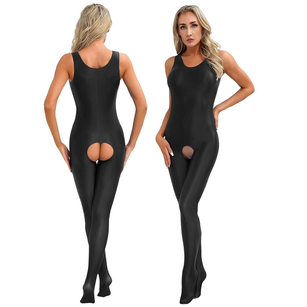 Dámské hladké body s plným krytím a otevřeným rozkrokem, body bez rukávů s U výstřihem, kombinéza s chodidly, lesklý strečový jednobarevný unitard, noční prádlo