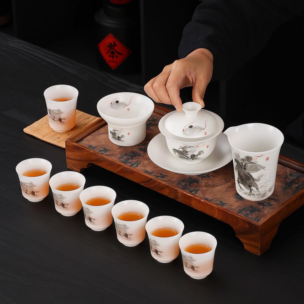 High-end vegetarian-fired ice jade porcelain Kung Fu tea set, household Dehua white porcelain Jianghu knight