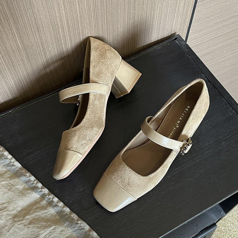 332-77 Cashmere splicing square head thick heel single shoes middle heel soft leather one-word buckle Mary Jane shoes spring and autumn