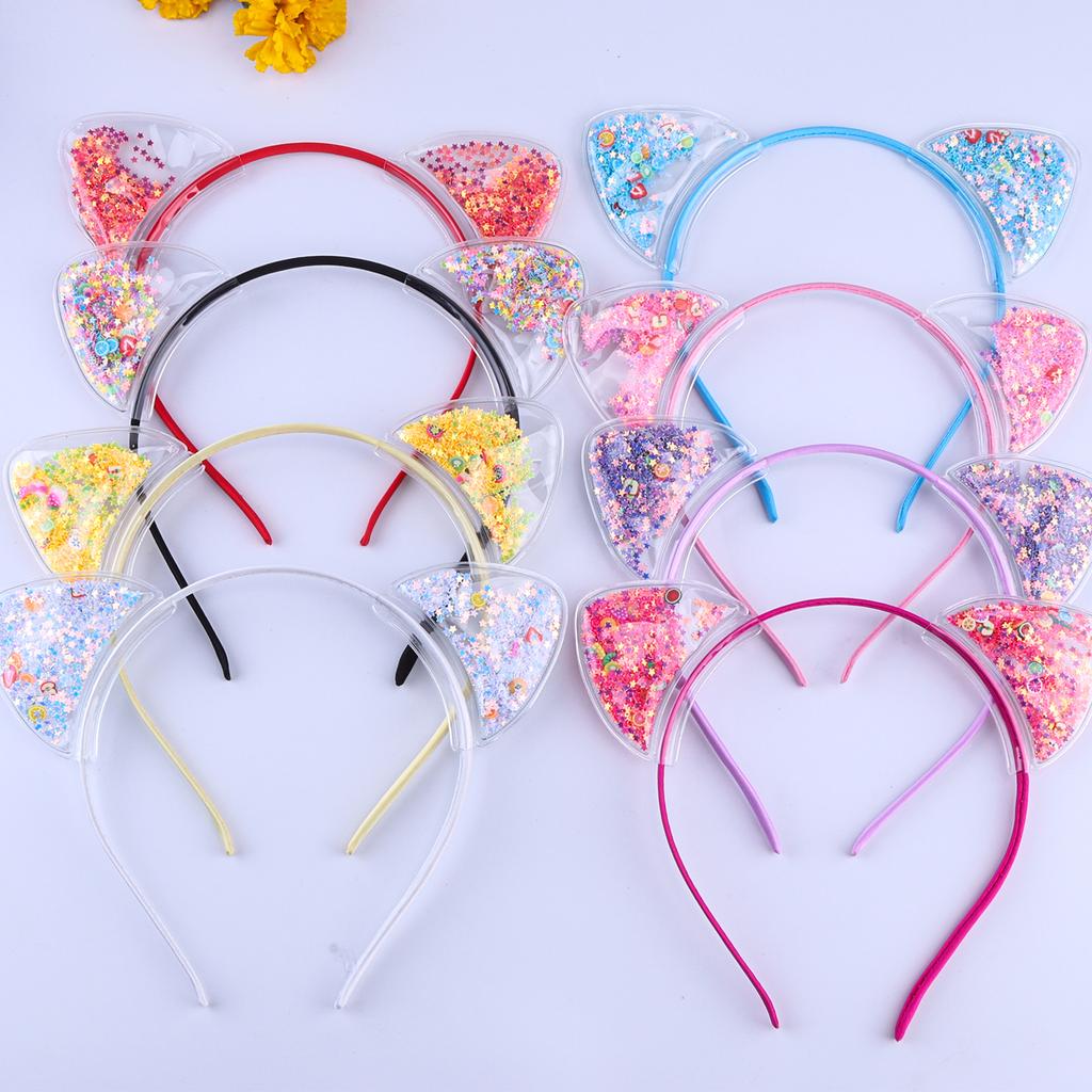 Čelenka s kočičími oušky pro dívky Průhledná flitrová s tekutým pískem Vlasové obruče Roztomilé vlasové doplňky pro každodenní nošení, na párty, cosplay