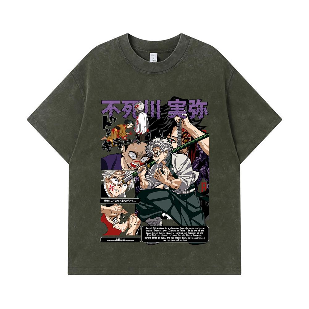 275 GSM Washed T-shirts 100% Cotton Demon Slayer V15 Sanemi Print Unisex Heavy Cotton T Shirt