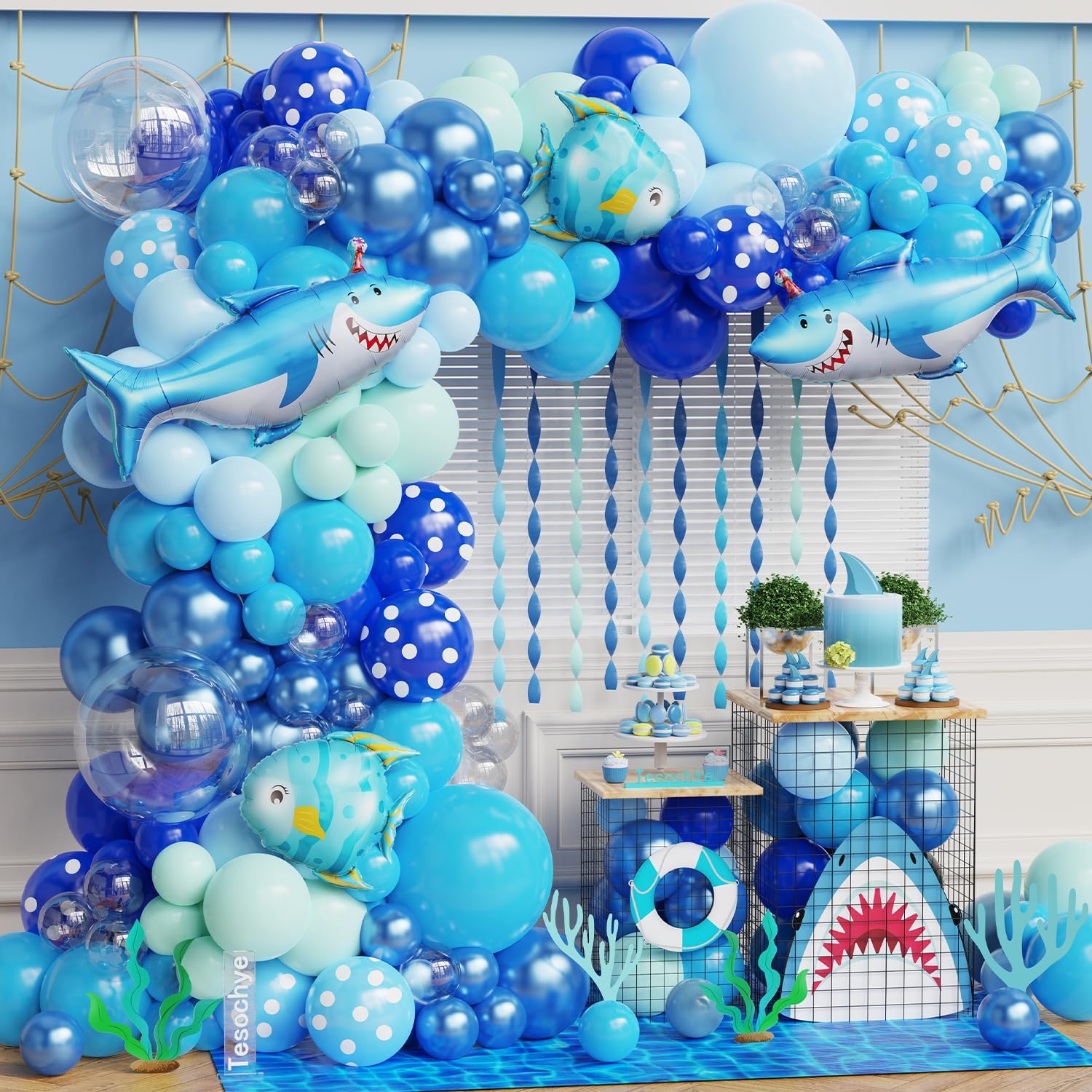 Under the Sea Party Decorations 156Pcs Blue Green Shark Balloon Arch Garland Kit with Shark Clownfish Foil Balloons for Shark Week Ocean Animals