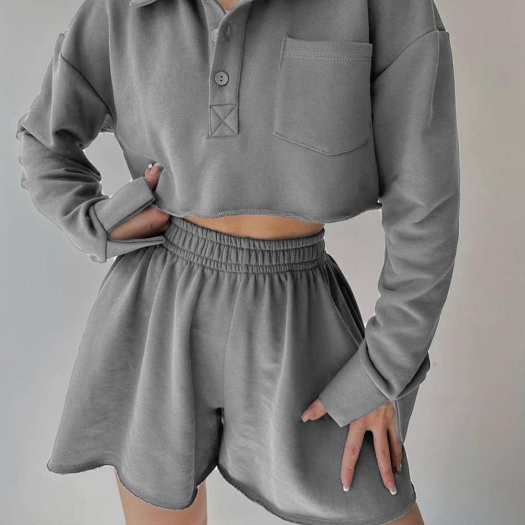 

BITCED Однотонный Кардиган с Длинным Рукавом, Короткий Повседневный Топ, Шорты на Кулиске S серый