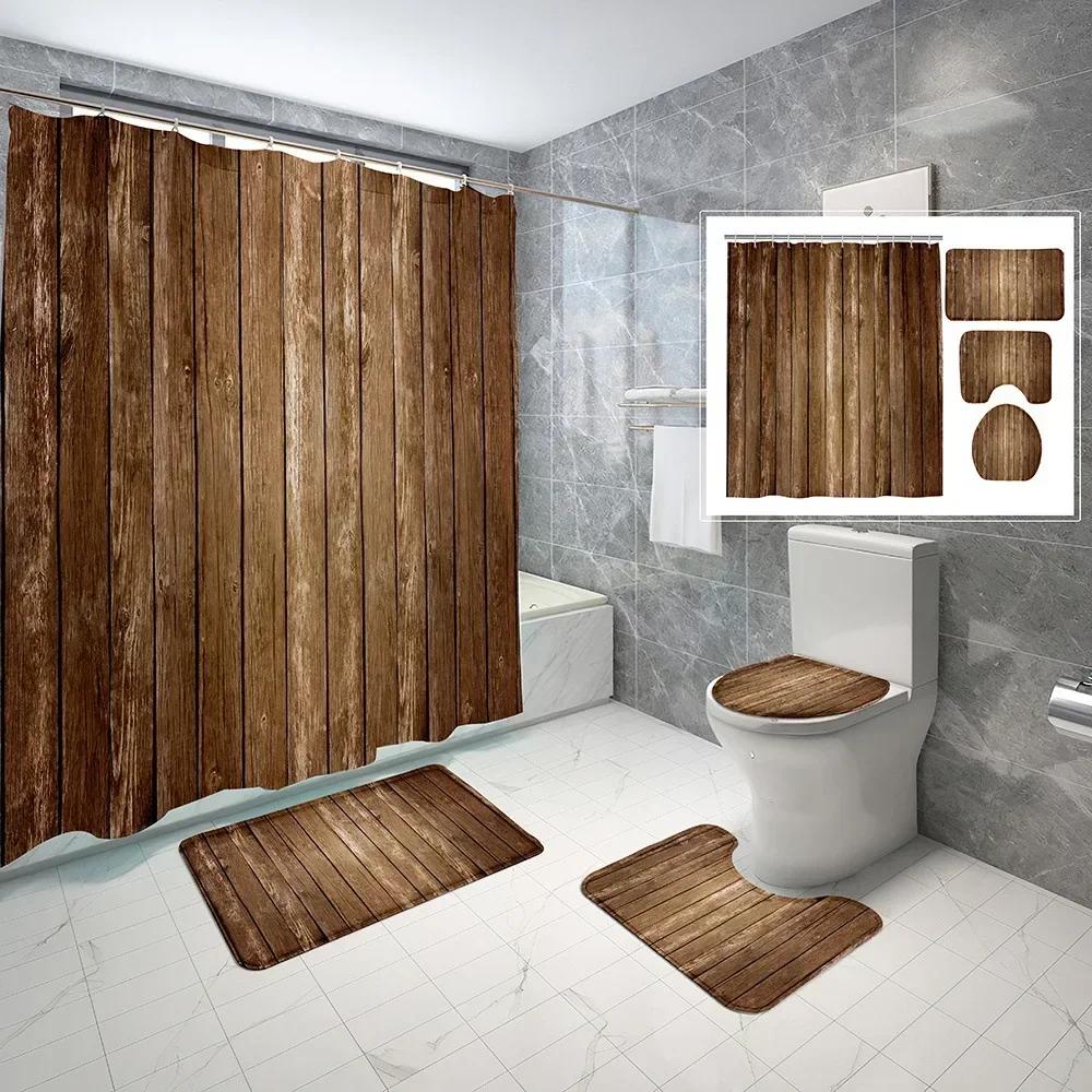 Set Tenda Doccia Rustica in Legno Marrone Stile Fattoria con Tappetini Antiscivolo Copri Tavoletta WC Tappetino da Bagno Set Decorazioni Impermeabili per Bagno