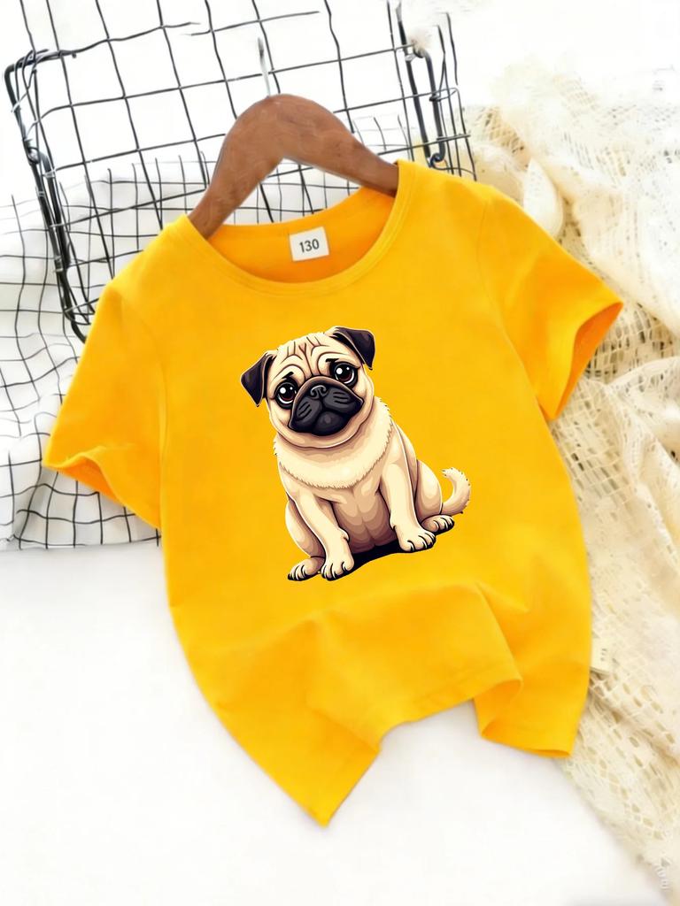 Children Casual T Shirt Adorable Pug Dog Cartoon Pattern Print Soft Breathable Short Sleeve Kids Trendy Summer Daily Outfit Top