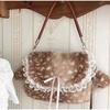Lolita Plush Handbag Cute Lace & Bow Decor Faux Fur Shoulder Bag Vintage Brown Top-handle Bag Spotted Deer Pattern Underarm Bag