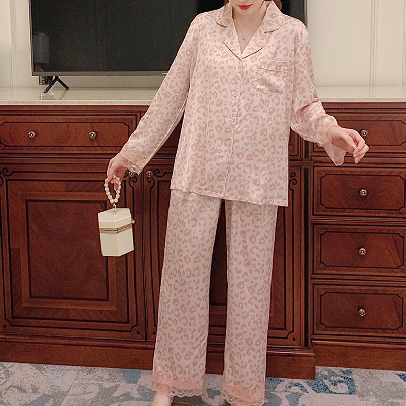 Spring And Summer Pajamas Women'S Cool Ice Silk Long-Sleeved Leopard Print High-End Lace Lace Loungewear Set