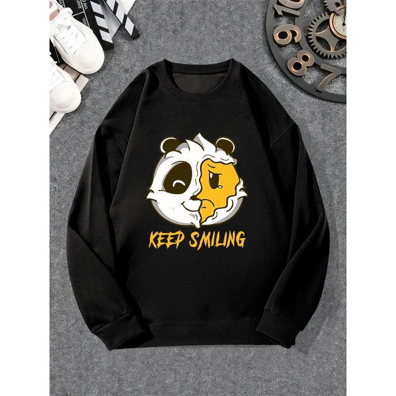 Men's Keep Smiling Casual Crew Neck Sweatshirt, Loose Fit Solid Color.