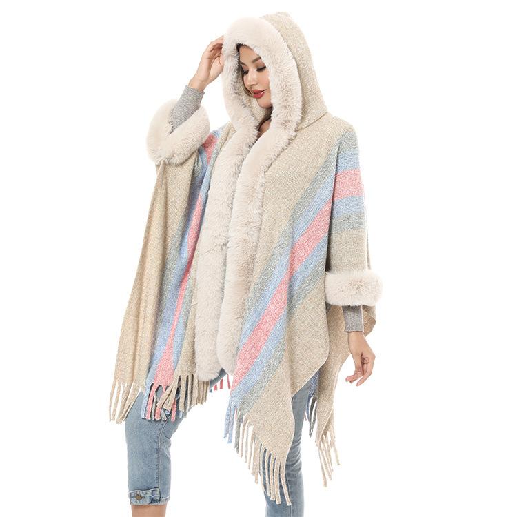 Hooded Rabbit Fur Collar Shawl Cape Plus Size Knitted Hooded Cardigan Loose Coat