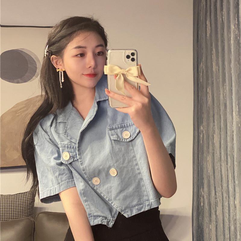 

Летняя свободная короткая французская темно-синяя куртка из денима с короткими рукавами в корейском стиле для женщин XL светло-синий