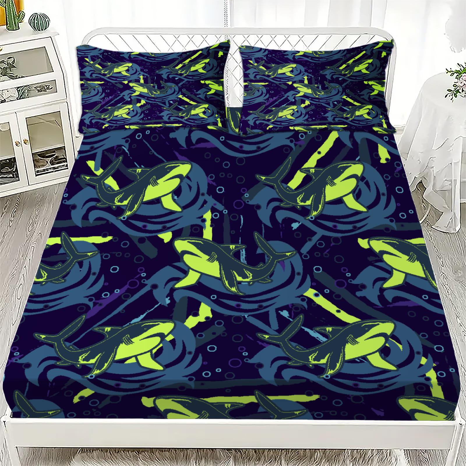 3PCS Blue Green Fitted Sheet Set, Machine Washable with 2 Pillowcases, Shark Waves Ocean Print Cool Room Decor for Boys Teen 100x200x25cm