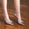 Silberne Spitzschuhe Dünner Absatz Damen Sandalen Strass Schmetterlingsknoten Slingback Pumps Damen Partykleid High Heels Schuhe