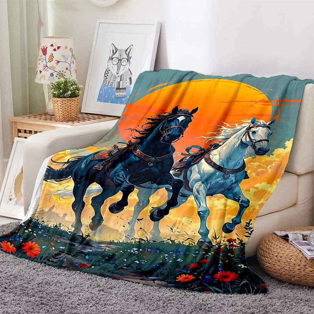 1pc Horse Sunset Blanket, Lightweight Flannel Throw Blanket for Sofa, Bed, Travel, Camping, Living Room, Office, Couch, Chair, and Bed