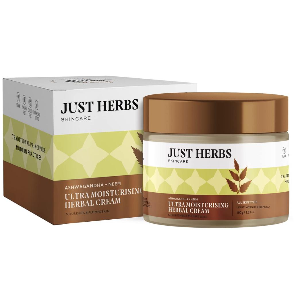 Just Herbs Ayurvedic Herbal Nourishing Face Moisturizing Massage Cream with Ashwagandha & Neem for Men & Women | Face Cream for Winters Dull & Dr