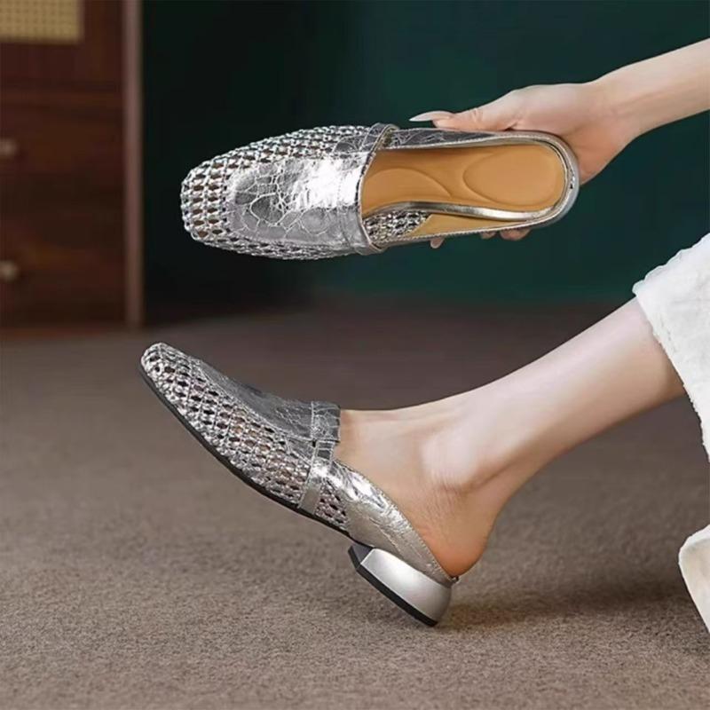 Cut Outs Women Slippers Weaving Genuine Leather Fashion Slip On Mules Female Shoes Summer Casual Daily Shoes 40 серебряный 2990₽