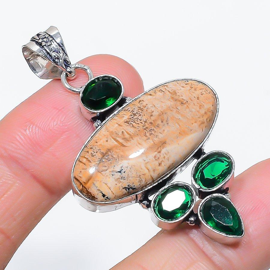 Natural Picture Jasper, Diopside 925 Sterling Silver Jewelry Pendant 2.17" K1o77