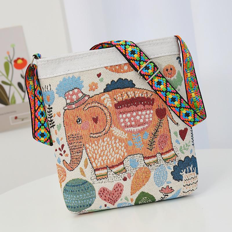 New embroidered messenger bag elephant owl pattern cloth bag going shopping carry-on bag
