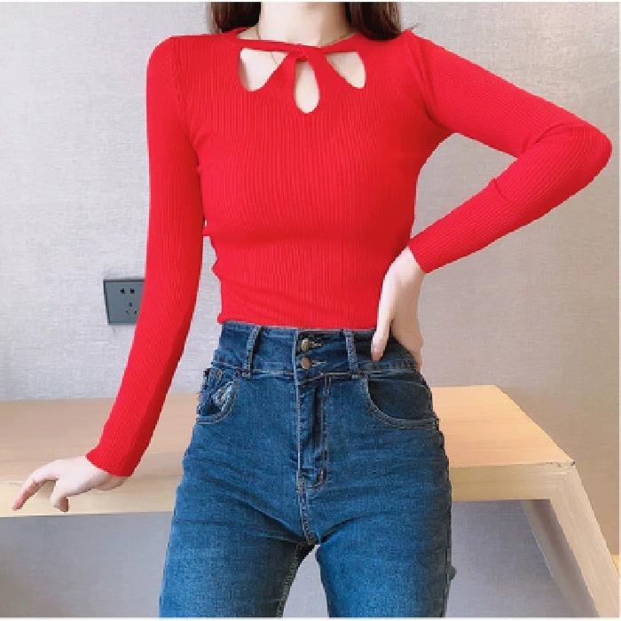 Autumn and Winter Small Sexy Front Chest Hollow Out Slim Fit Base Knitted Shirt for Women, Long Sleeved Temperament Top, Women's Fashion