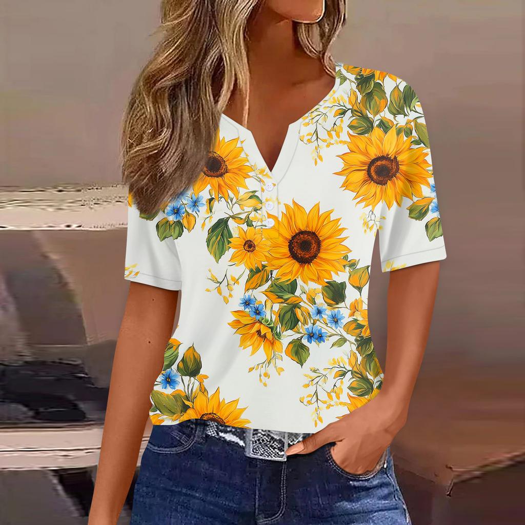 Women's T Shirt Print Button Short Sleeve Daily Weekend Fashion Basic V-Neck Regular Top