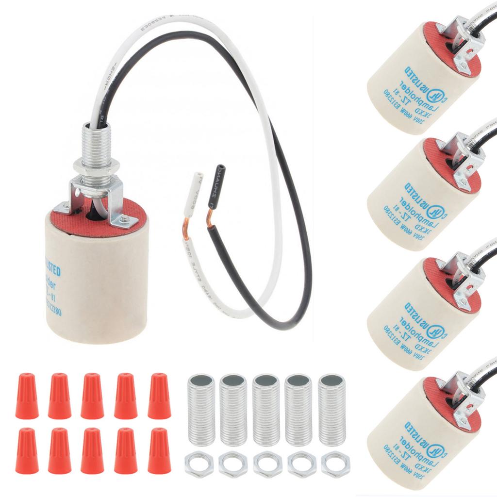 5pcs E26 Ceramic Light Socket High Temperature Resistance Porcelain Lamp Holder for Incandescent Lamp / Led Light Bulbs with Connecting Wire