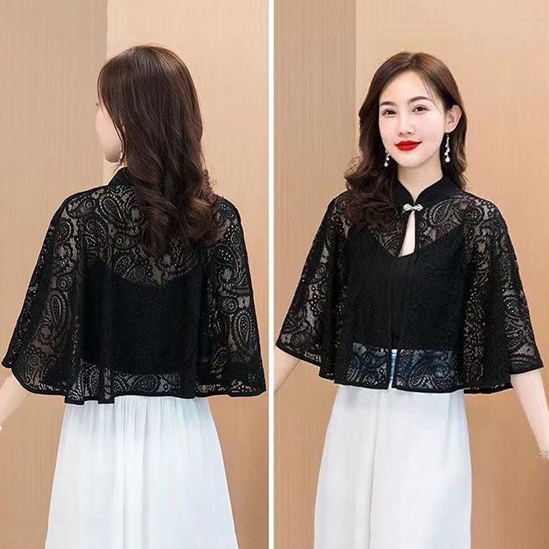 Spring Summer Shawl Coat Thin Scarf Long Sleeve Lace Temperament Cardigan Outwear Shoulder False Collar Out All-Match Ponchos