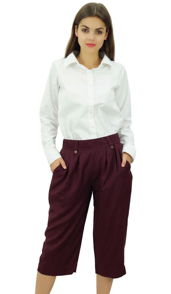 Bimba Women's Rayon Capri Culottes with Back Elastic Casual Summer Pants With Pockets Black -