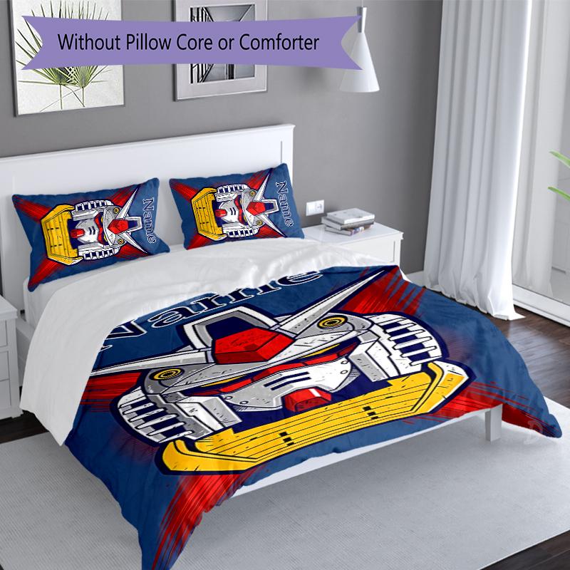 3pcs Custom Name Mobile Suit Gundam Set,Includes 1 Duvet Cover and 2 Pillowcases,All-season Bedroom Decor