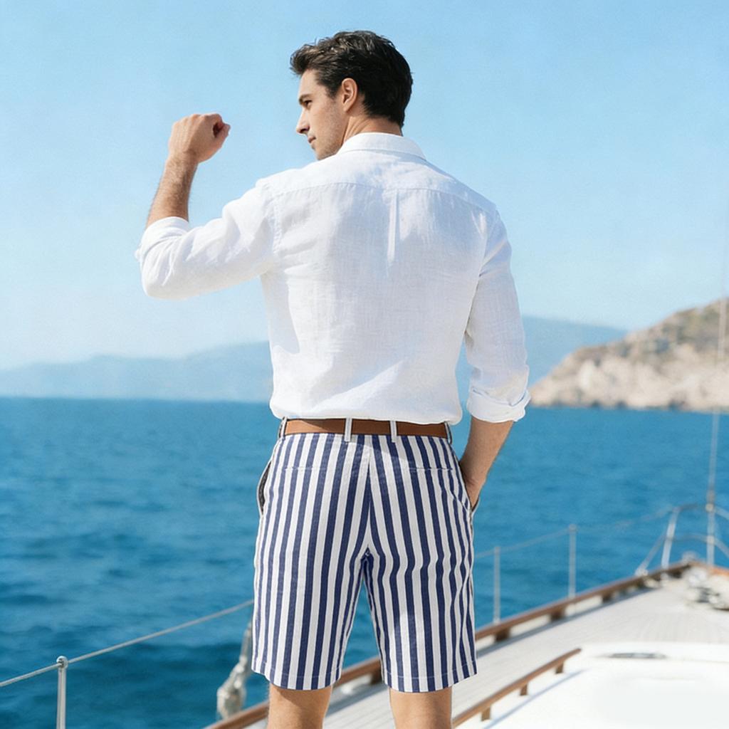 Pantaloncini Casual da Uomo a Righe Verticali Vestibilità Rilassata Leggeri Traspiranti Cotone Orlo Risvoltato Pantaloncini Estivi