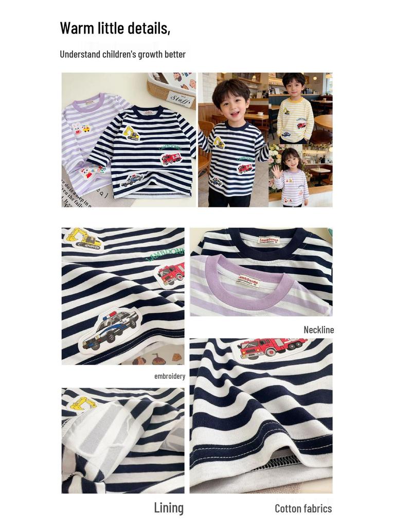 2026 Spring Arrival: Girls' Cartoon Stripe Long Sleeve T-shirt for Small & Medium Kids