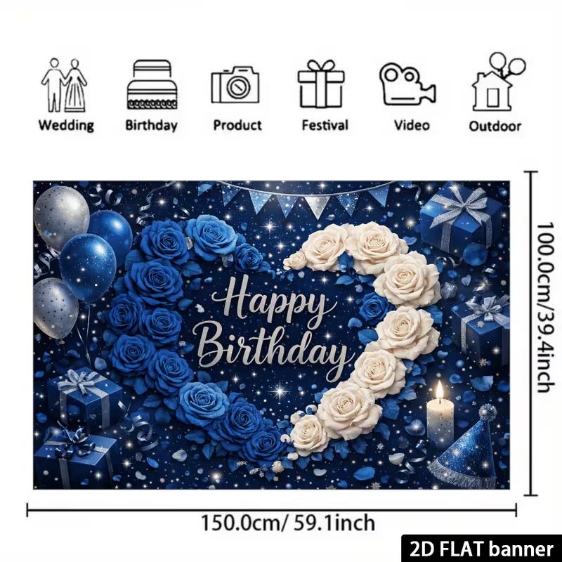 2D Starry Blue Rose Happy Birthday Backdrop Banner Party Decoration for Boys & Men
