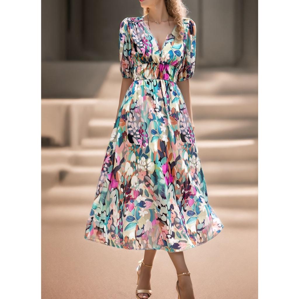 Summer Women's V-neck Waist Cinched Printed Long Dress, European American Style Casual Dress for Crossborder