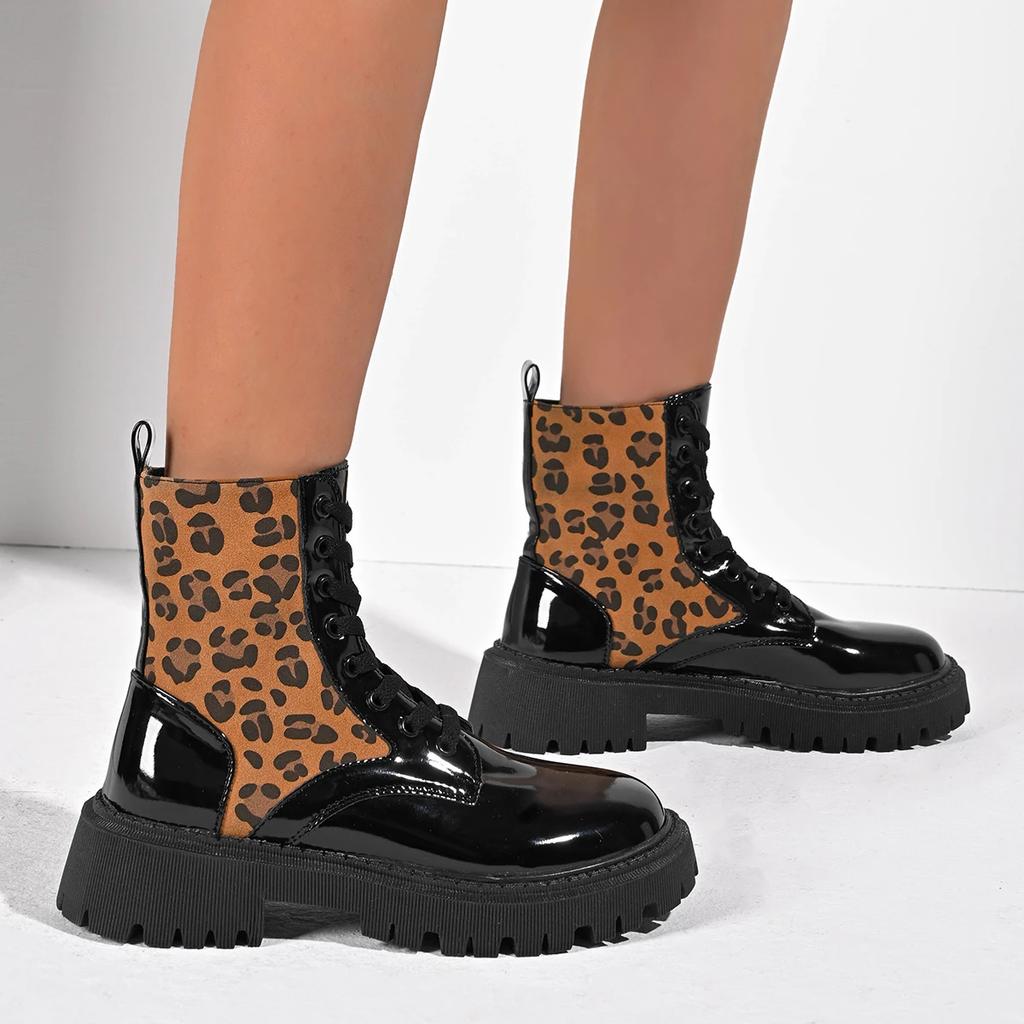 Fashion Women Boots High Quality Cross-tied British Style Boots Women Fashion Leopard Print Casual Shoes Women Round Toe Mid-Calf Boots