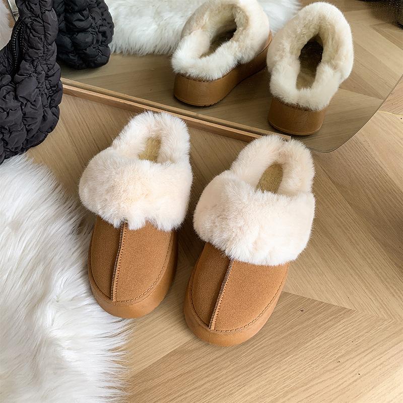 Winter Warm Fluffy Plush Warm Slippers Thick Bottom Indoor Connection Fluffy Bag Head Snow Cotton Slippers